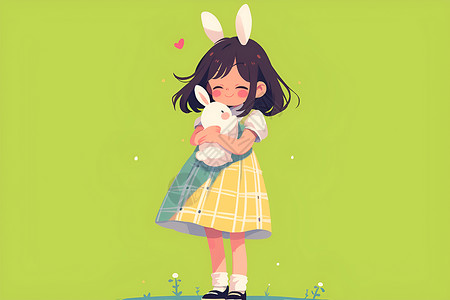 女孩抱着一只小白兔背景图片