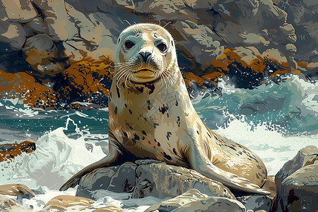 翻滚海浪海豹躺在岩石上插画