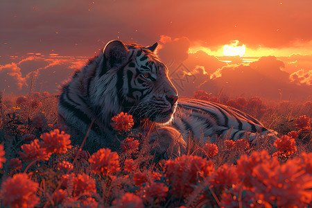 老虎躺在草地上背景图片