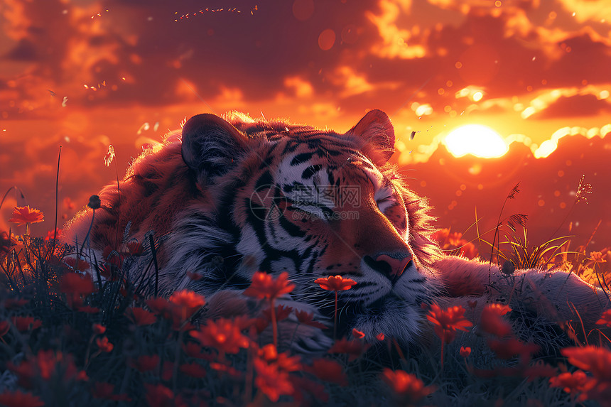 一只老虎躺在草地上图片