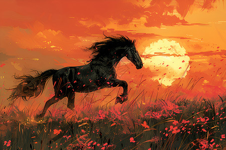 太阳下奔跑的马匹插画
