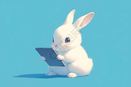 白色平板电脑一只白兔拿着平板电脑插画