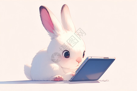 白色平板电脑白兔看着屏幕插画