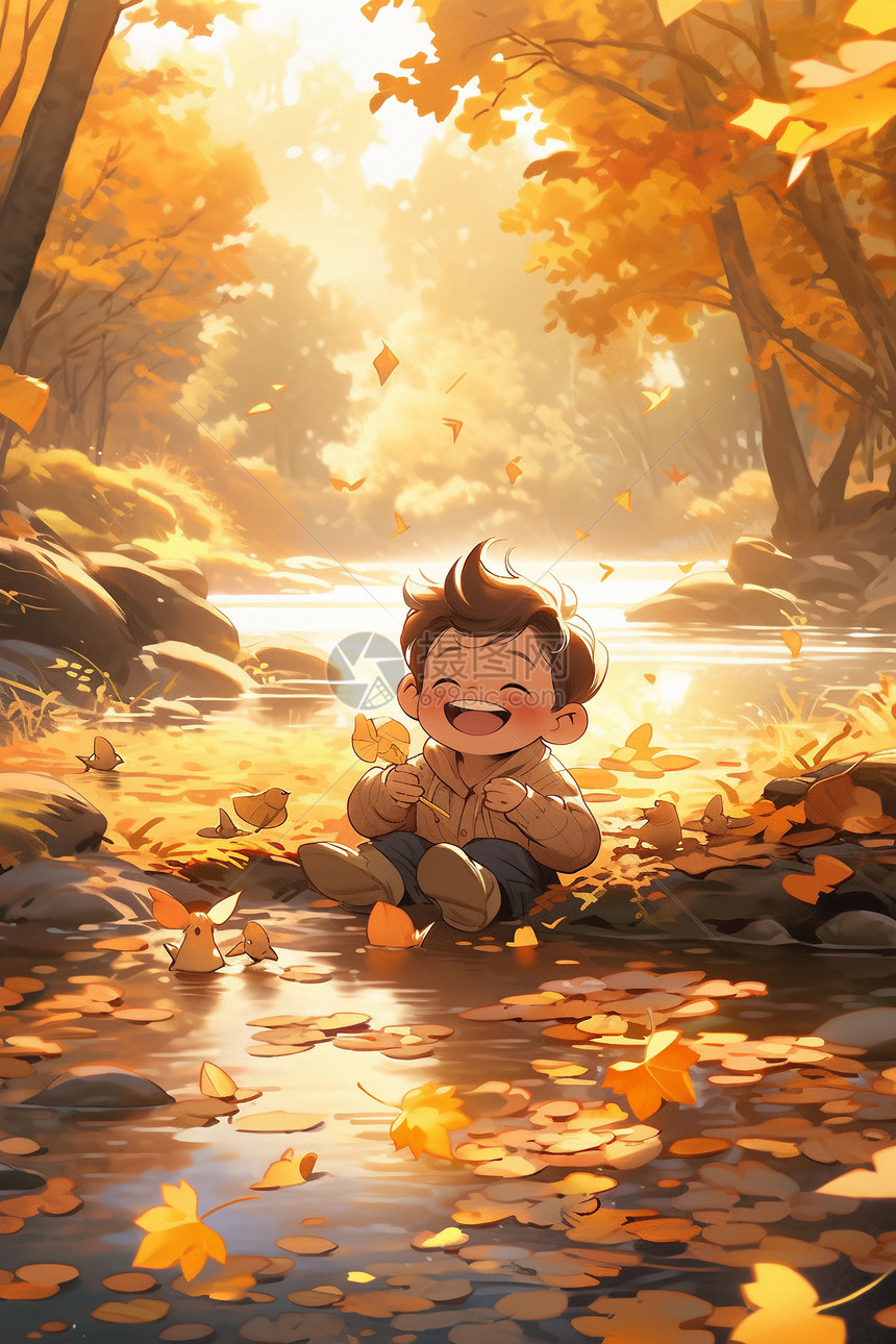 秋日里河畔的男孩图片