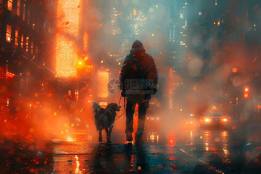 街道上男子在雨中遛狗图片