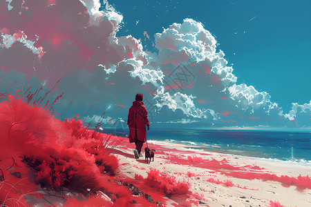 红天空浪漫海滩上漫步的人和狗插画