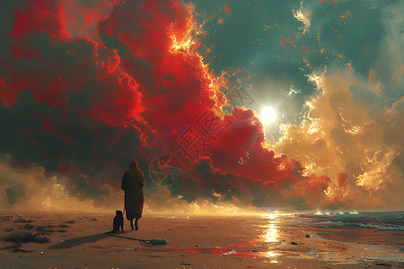 红天空沿着海滩漫步的男人和狗插画