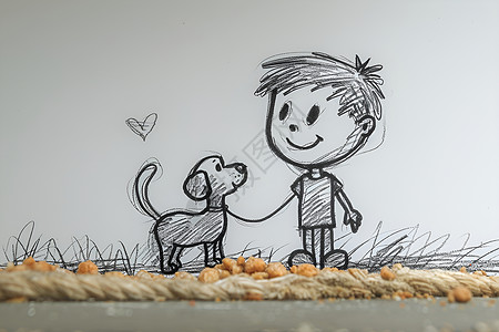 小男孩牵引着狗的插画高清图片