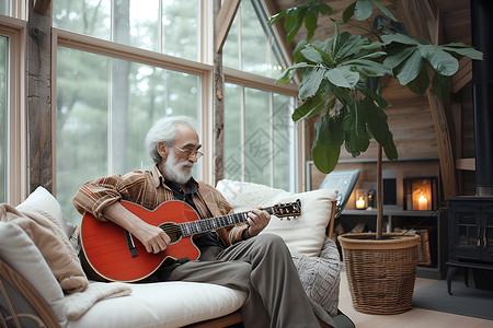 老人坐在沙发上弹奏吉他背景图片