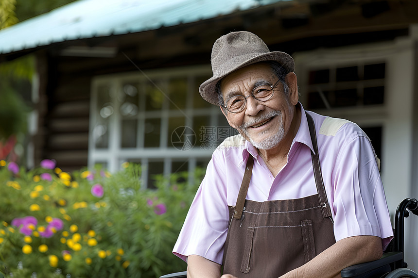 花园里戴着帽子的老年男性图片