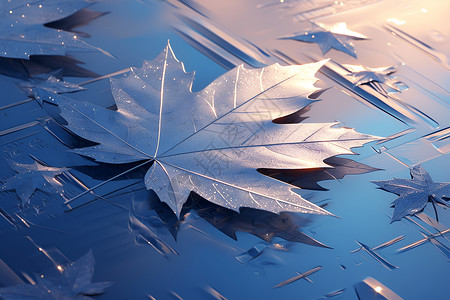冰上漂浮的枫叶背景图片
