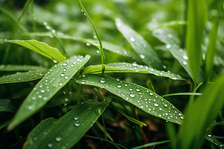 清晨的雨滴覆盖着青草叶片背景是模糊的草地高清图片