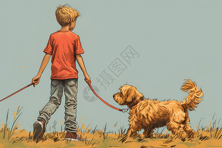 牵着狗狗的卡通男孩背景图片