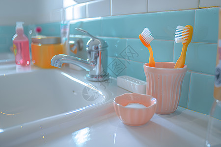 牙刷刷牙洗手台上的牙具背景