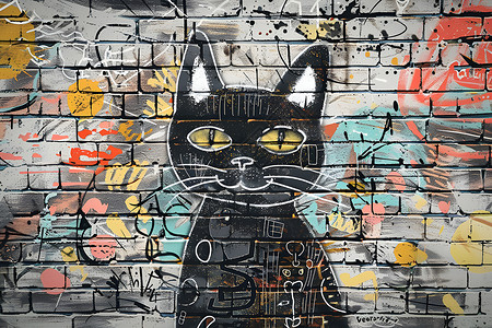 夏季可爱元素黑猫在涂鸦墙前嬉戏背景