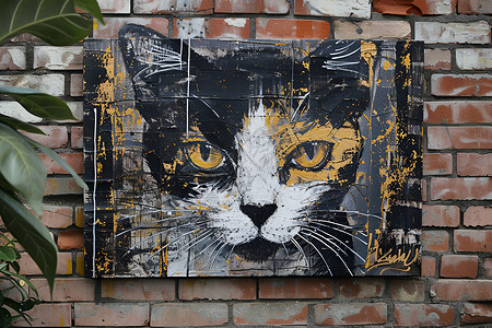 砖墙上的猫咪涂鸦背景图片