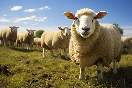 草地上的群羊与蓝天高清图片