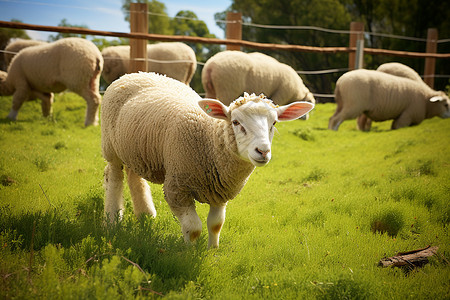 羊群在绿意盎然的田野上吃草高清图片