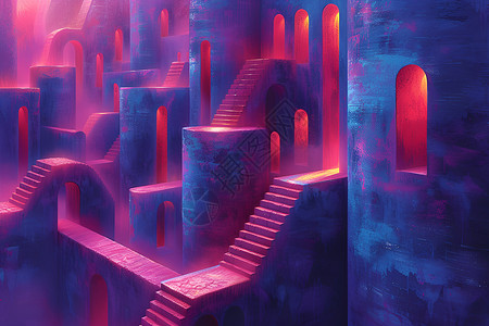 环形楼梯红光中的奇幻城堡插画