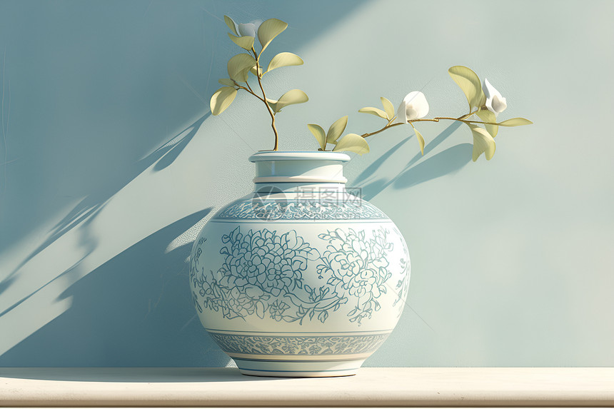 泰式花纹的淡蓝瓷花瓶图片