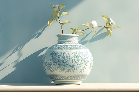 泰式风情园泰式花纹的淡蓝瓷花瓶插画
