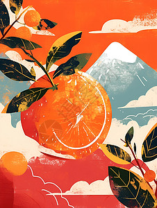 鲜亮红橙绘画橙子山水红空背景图片