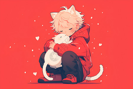 抱着桃子的男孩男孩抱着小猫插画