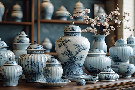 淡蓝色调风情花瓶瓷器背景图片