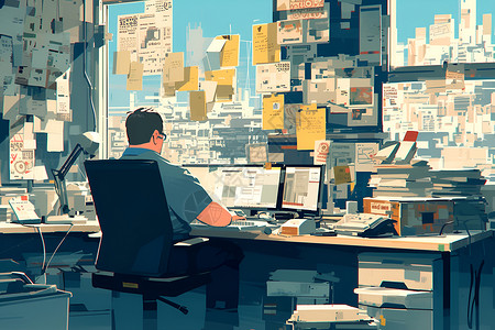 坐着办公办公室忙碌的男人插画