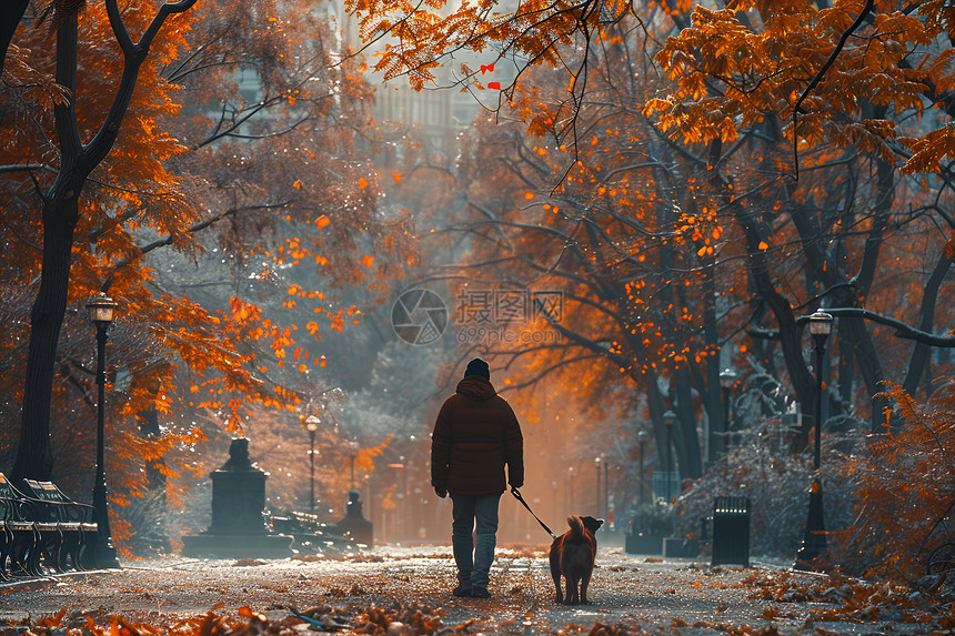秋天公园里一人牵着狗散步图片