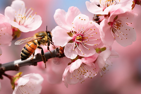 樱花季节蜜蜂蹲坐在樱花树枝上背景