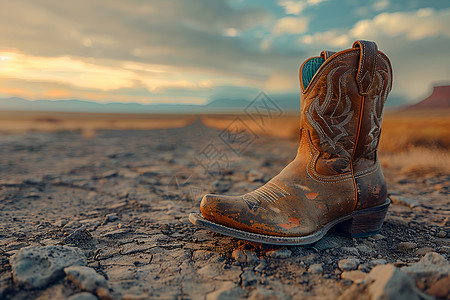 荒漠牧场上的牛仔靴高清图片