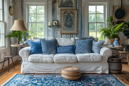 蓝色墙素材海洋主题墙饰的客厅背景