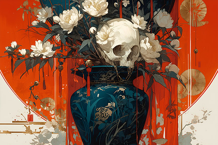 花瓶里四叶草青瓷瓶里的骷髅鲜花插画