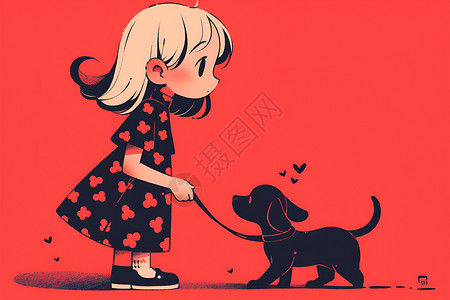 可爱女孩和小黑狗背景图片