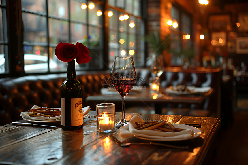 木桌上的红酒和美食图片