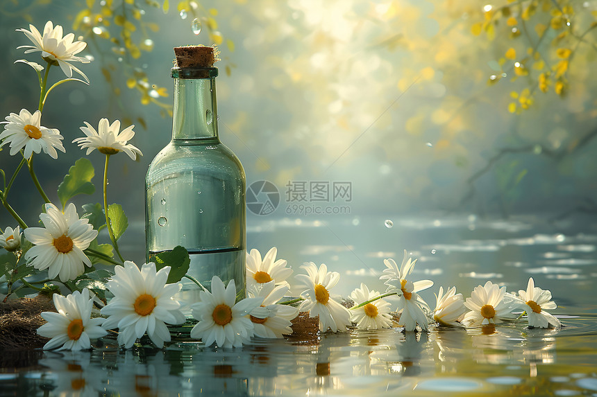 河边的玻璃瓶和雏菊图片