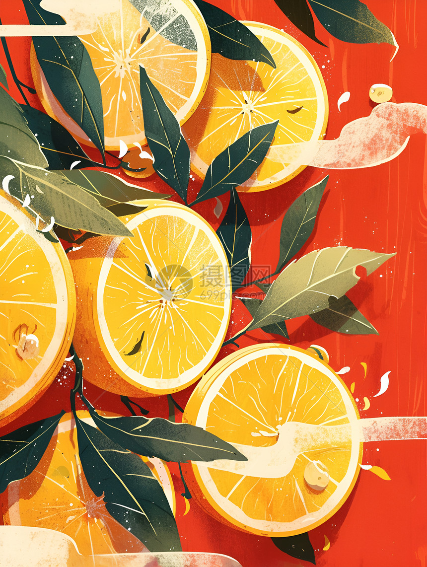 树枝上的橙子插画图片