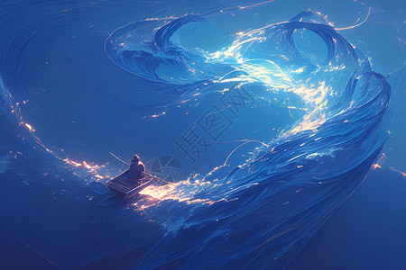 蓝色海洋海浪远航小船插画