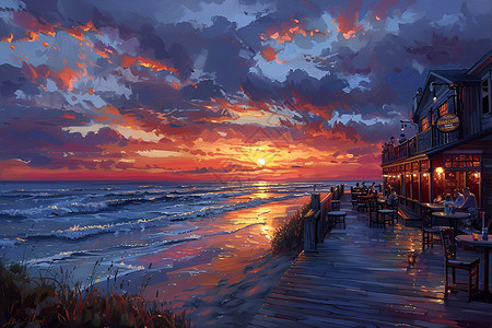 码头日落夕阳下的海滩插图插画