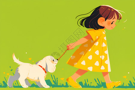 可爱少女牵着小白狗背景图片