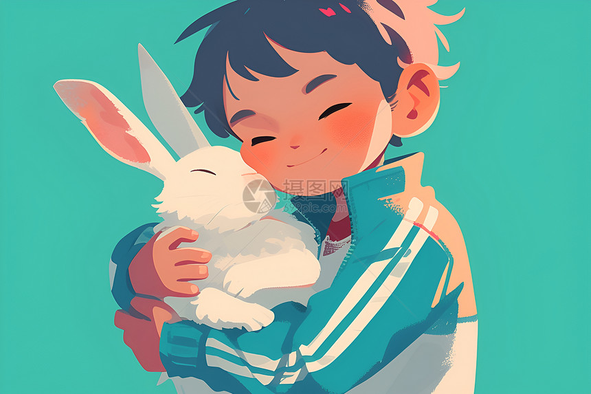 可爱卡通男孩拿着一只小白兔图片