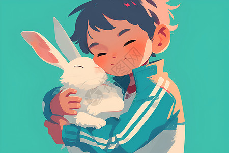 可爱卡通男孩拿着一只小白兔背景图片