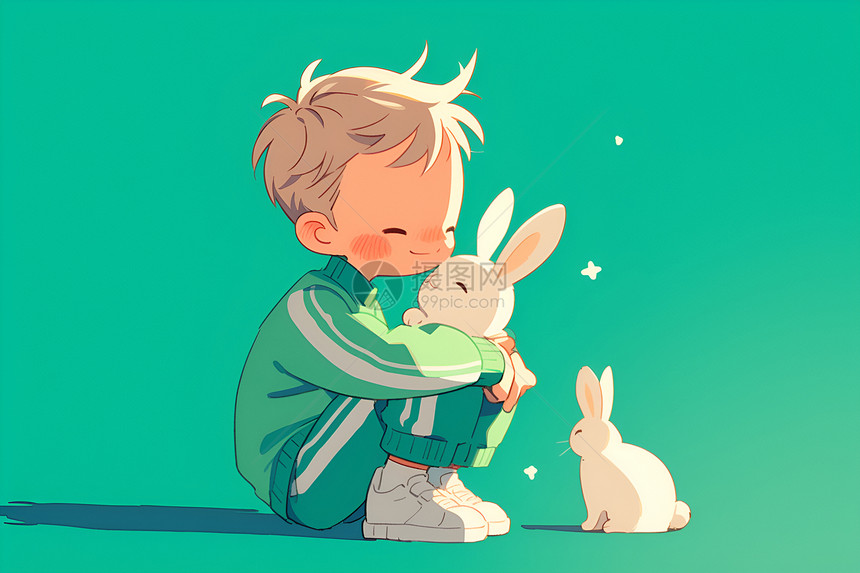 男孩拿着小白兔的卡通形象图片