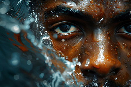 水滴覆盖在男子脸上高清图片