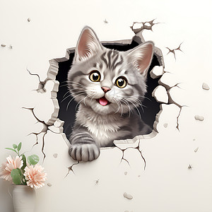 窥视猫从墙里钻出来插画