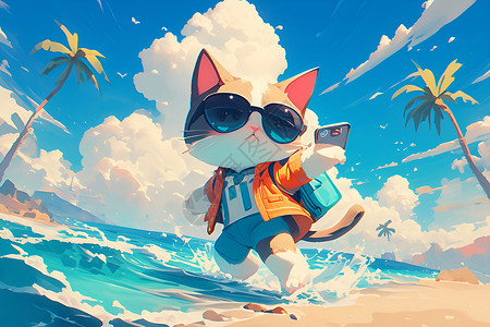 沙滩墨镜沙滩上可爱的猫咪插画