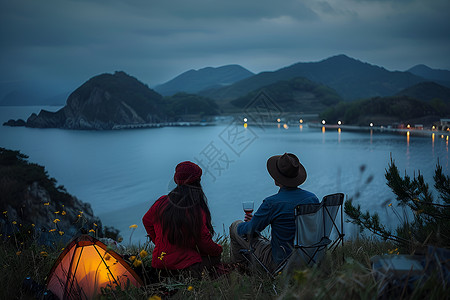 湖泊露营的情侣背景图片