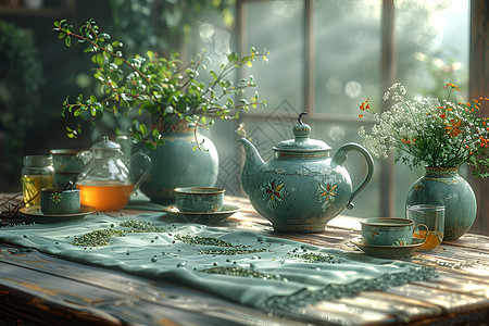茶壶和盆栽背景图片