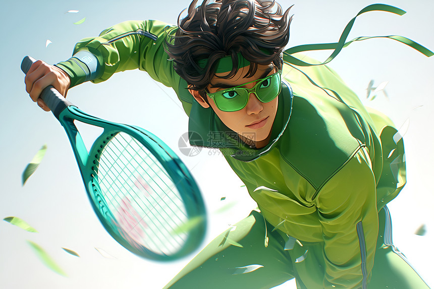 绿衣男子挥舞网球拍图片